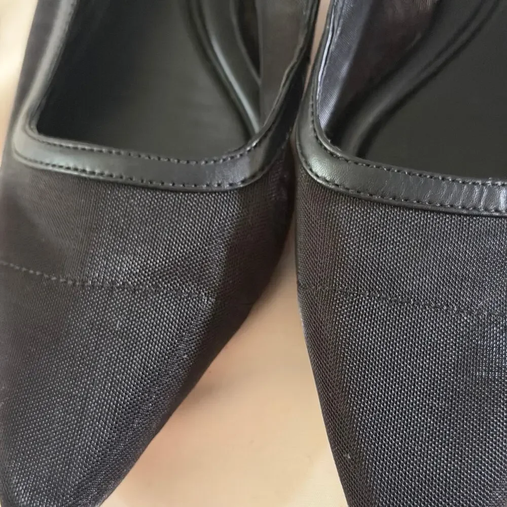 Vince Black Mesh Pointed Toe Mary Jane Strap Kitten Heel 7 Sling Back